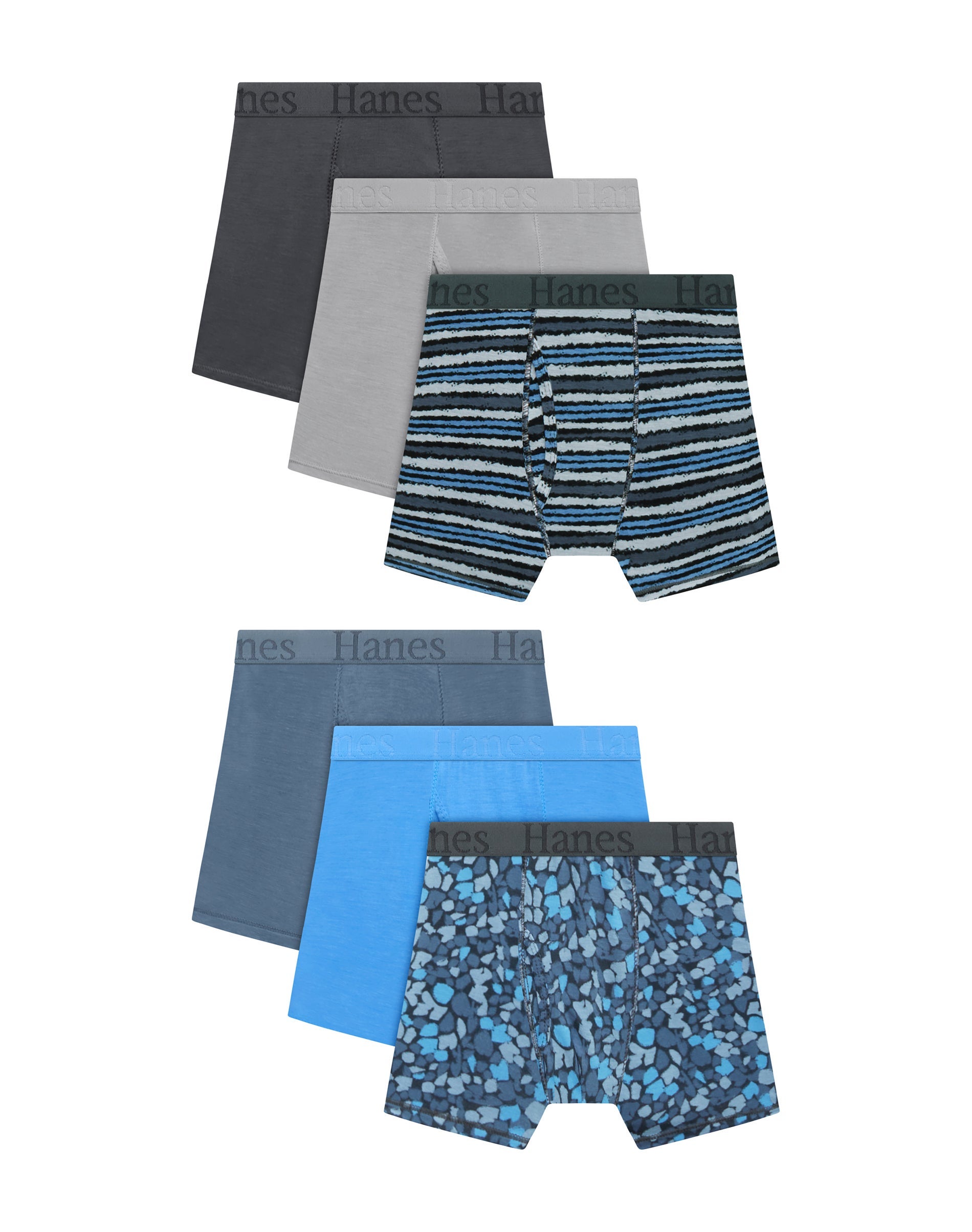 Hanes Originals SuperSoft Boys' Underwear Boxer Brief Pack, 6-Pack, Moisture Wicking, Theme Misty Mountain/Misty Mountain Stone Print/Concrete/Pepp...