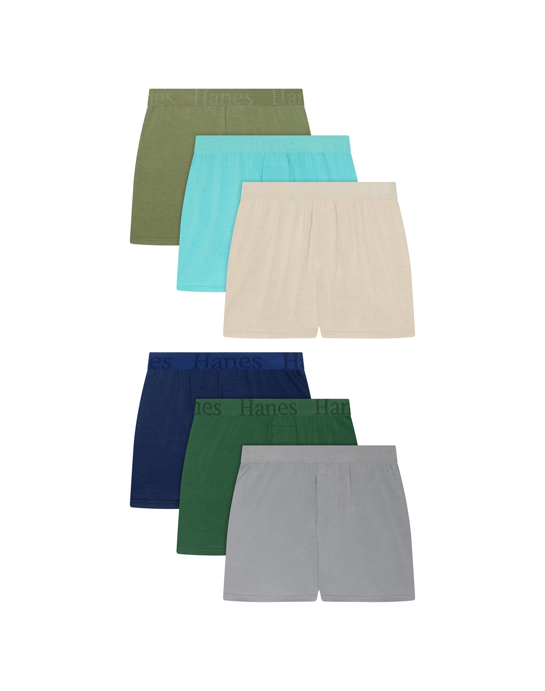 Hanes Originals SuperSoft Boys' Underwear Boxers Pack, 6-Pack, Moisture Wicking Dark Green/Navy/Beige L
