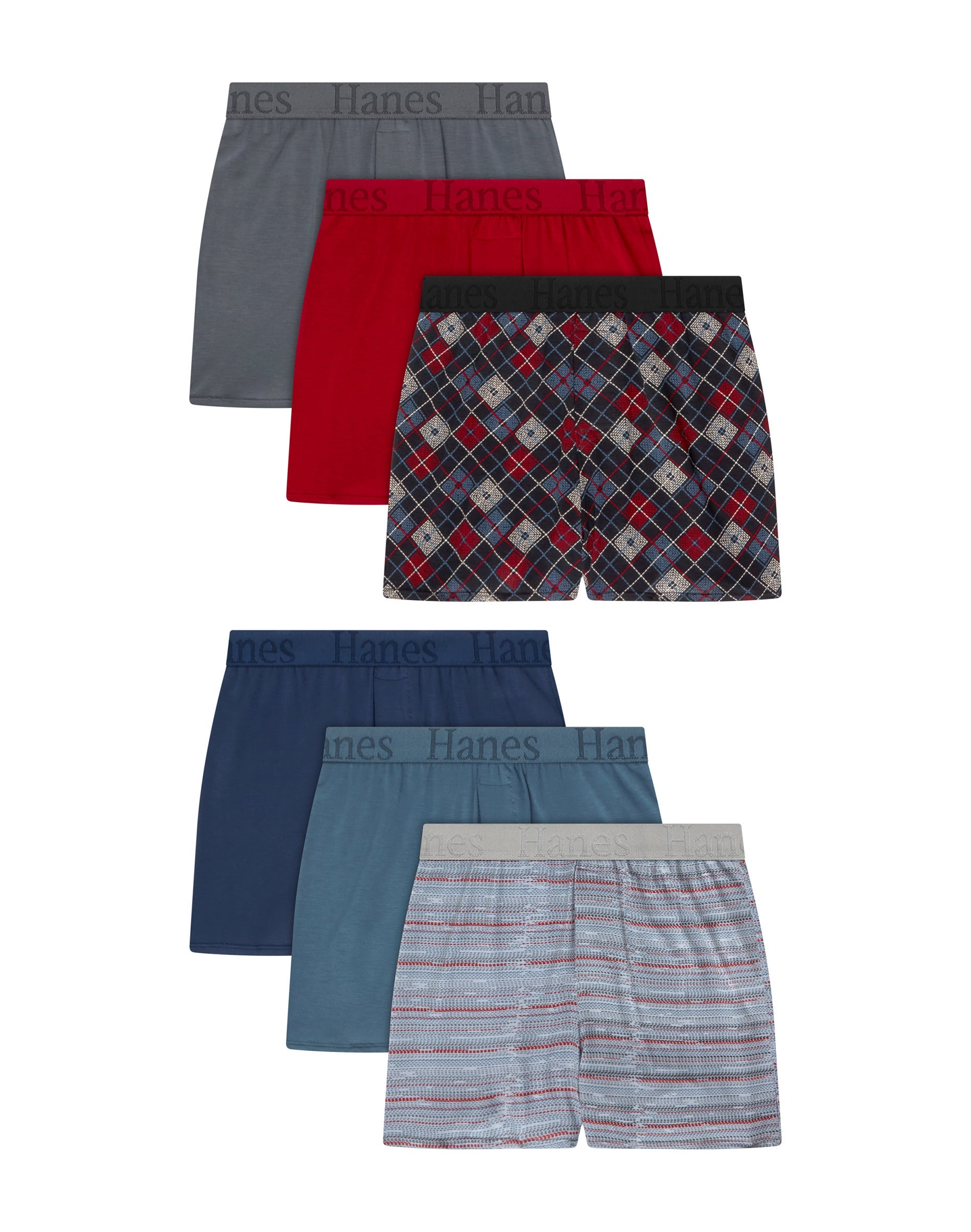 Hanes Originals SuperSoft Boys' Underwear Boxer Pack, 6-Pack, Moisture-Wicking Gray/Blue/Navy/Red
