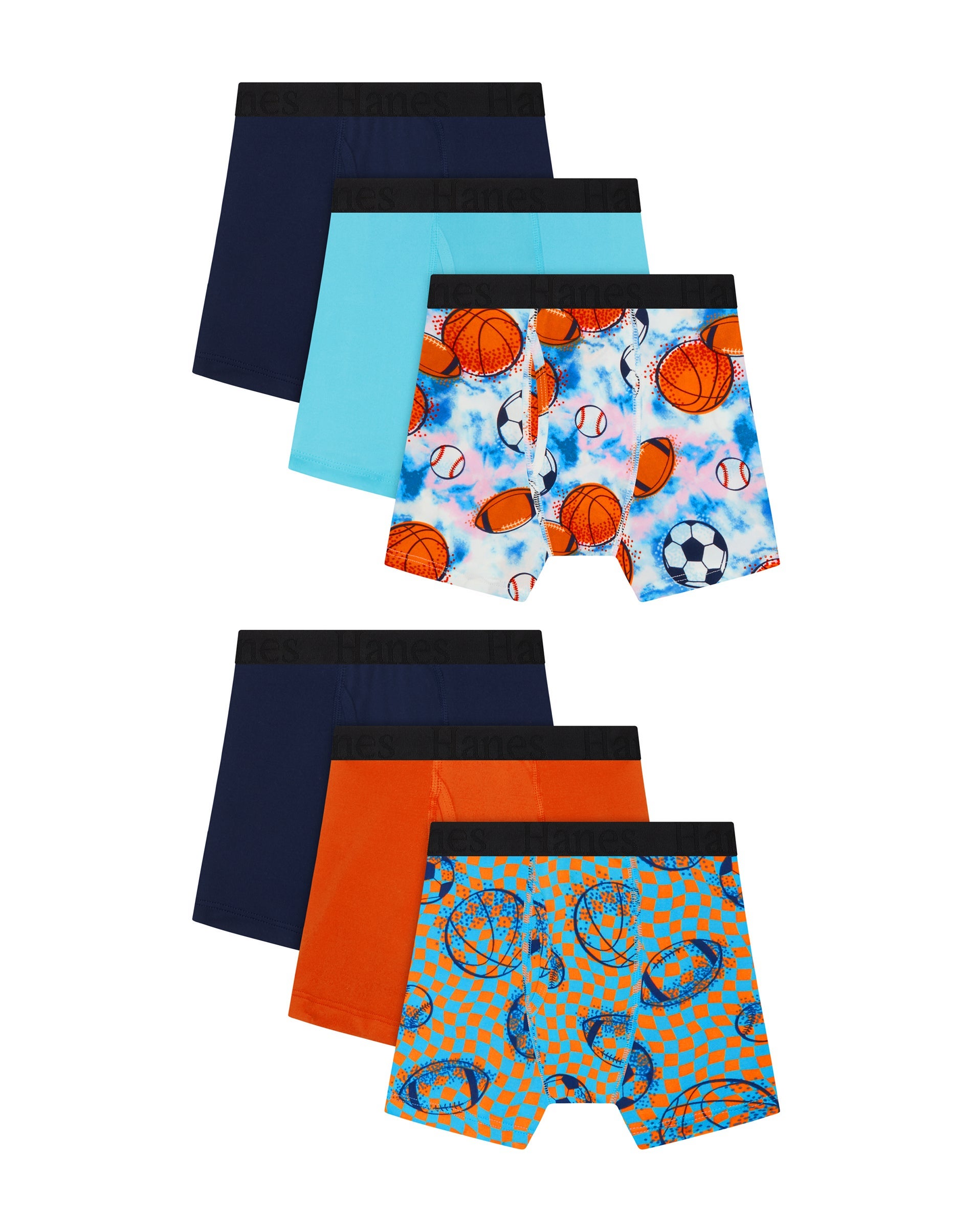Hanes Originals SuperStretch Boys' Underwear Boxer Briefs Pack, 6-Pack, Lightweight Stretch, Theme Multipack Athletic Navy/Phoenix Red/Sports Balls...