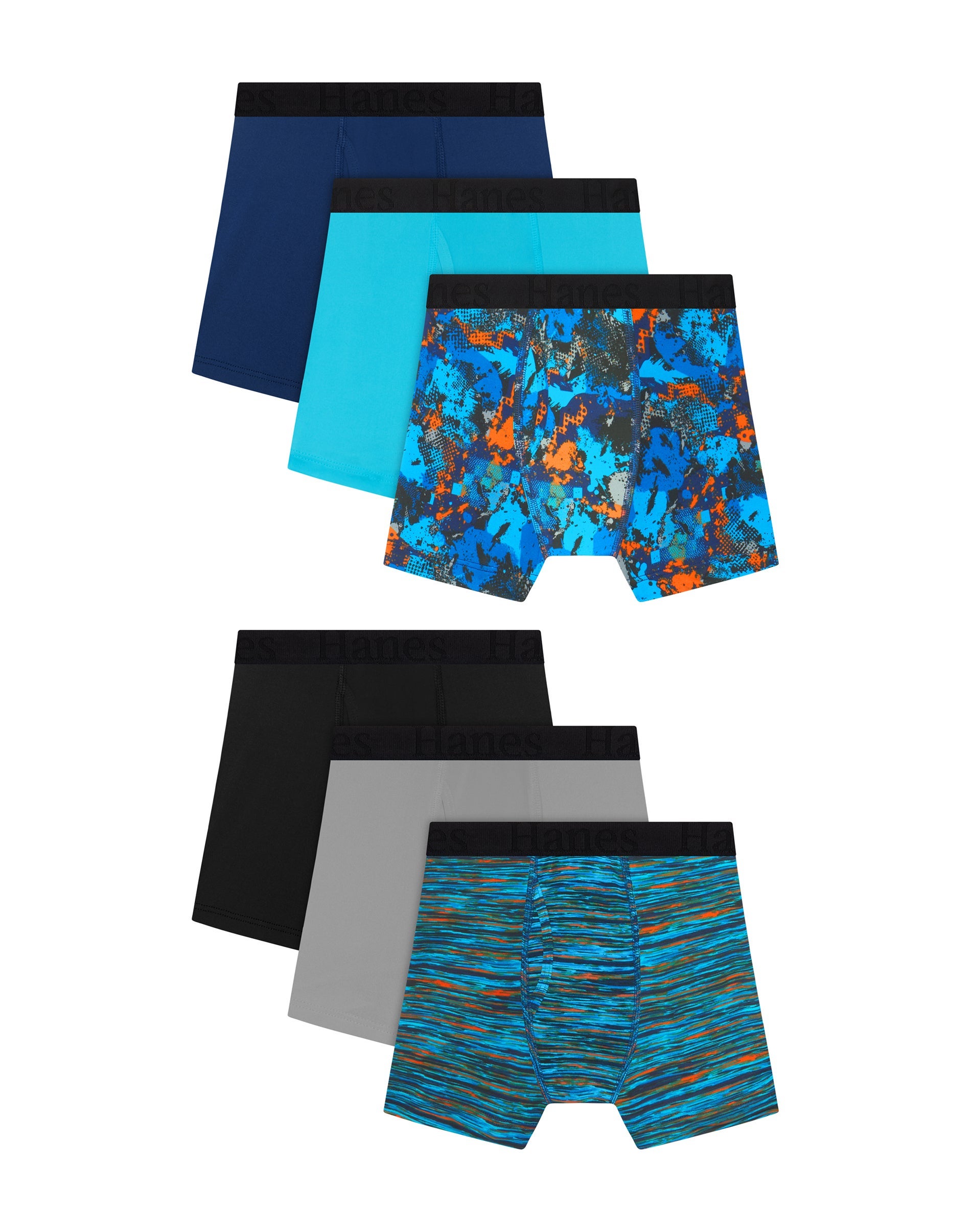Hanes Originals SuperStretch Boys' Underwear Boxer Briefs Pack, 6-Pack, Lightweight Stretch, Multipack Blue/Camo/Black