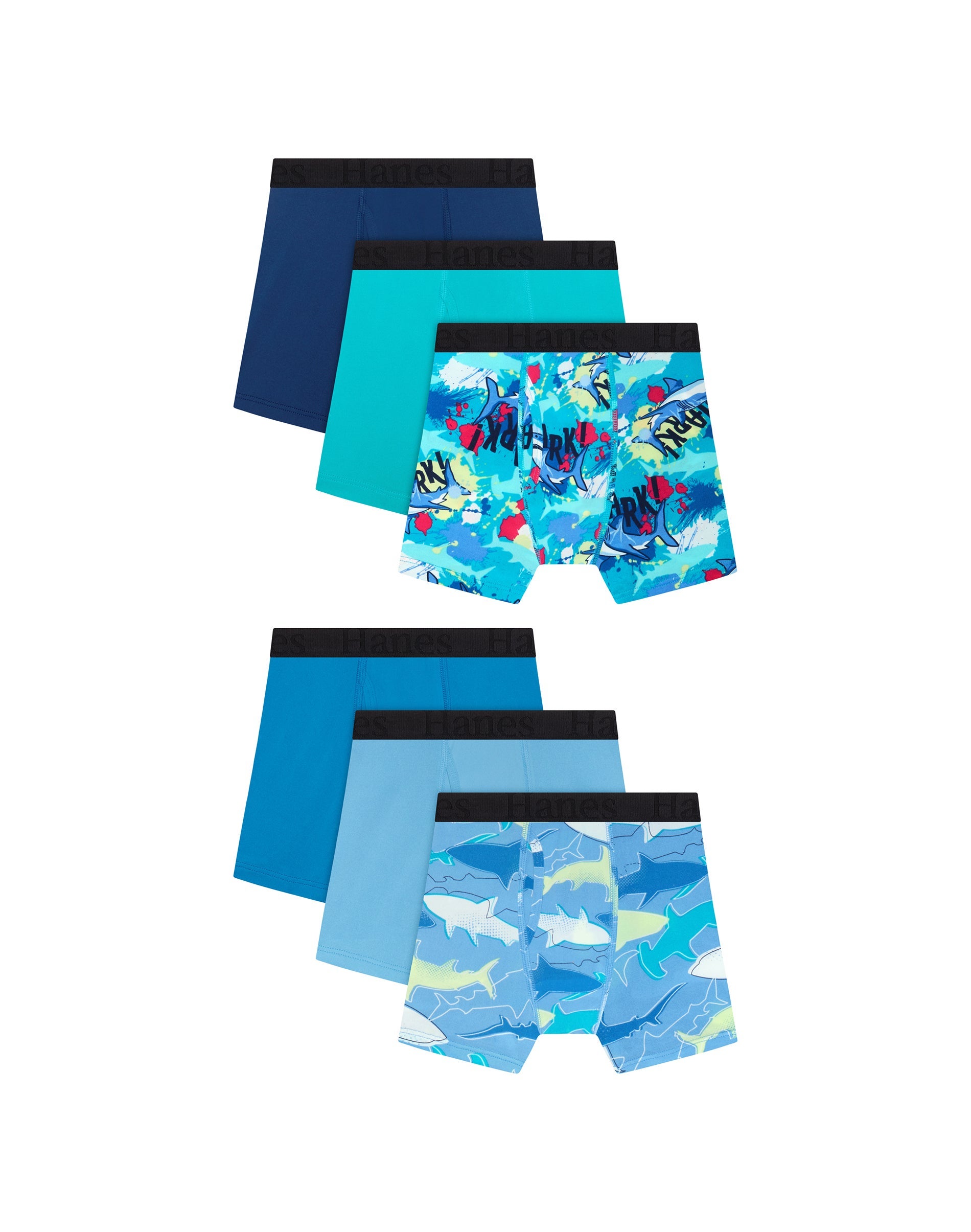Hanes Originals SuperStretch Boys' Underwear Boxer Briefs Pack, 6-Pack, Lightweight Stretch, Assorted Multipack Blue/Turquoise/Shark Print M