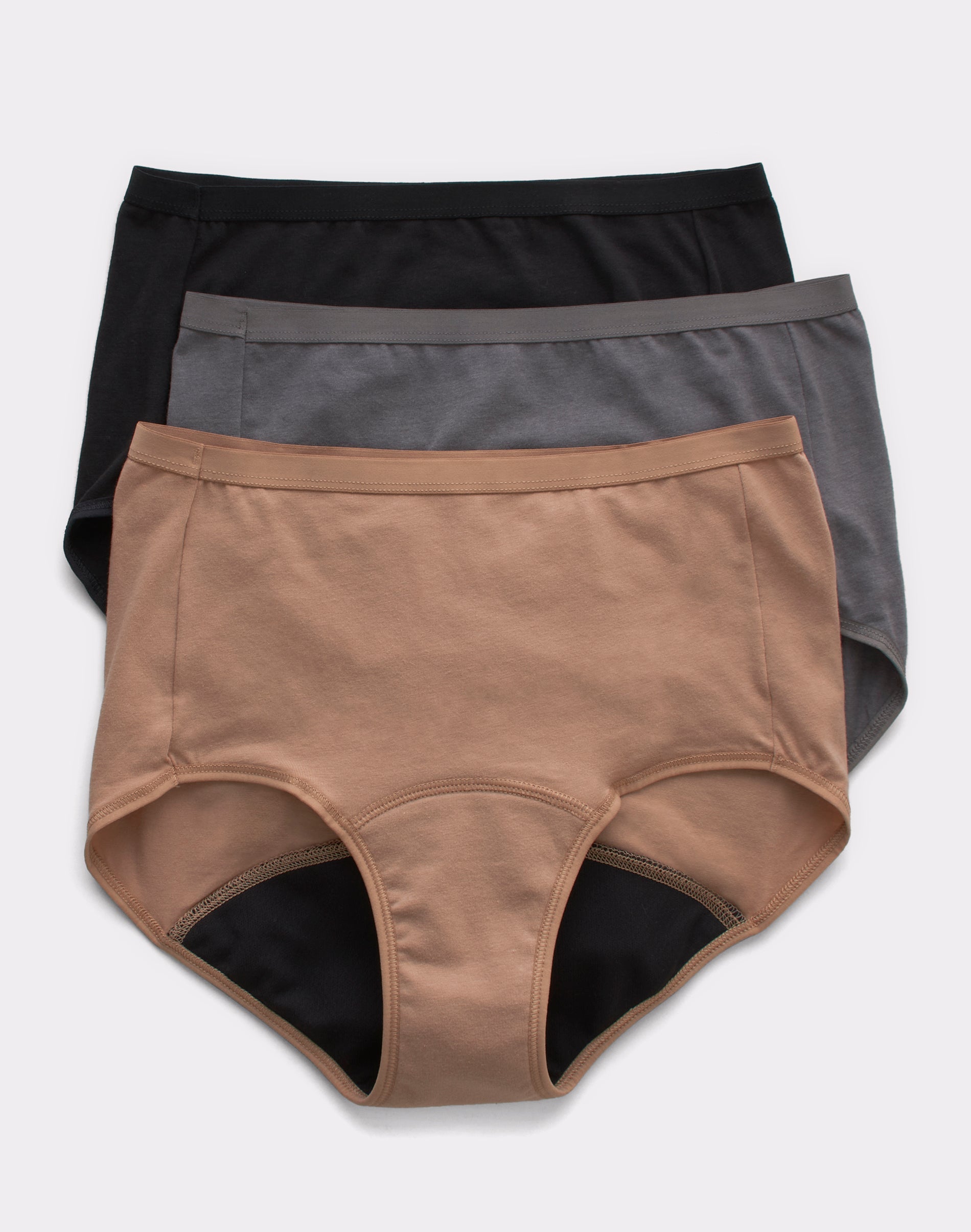 Hanes Comfort, Period. Women's Brief Underwear, Moderate Leaks, Neutrals, 3-Pack Assorted 7