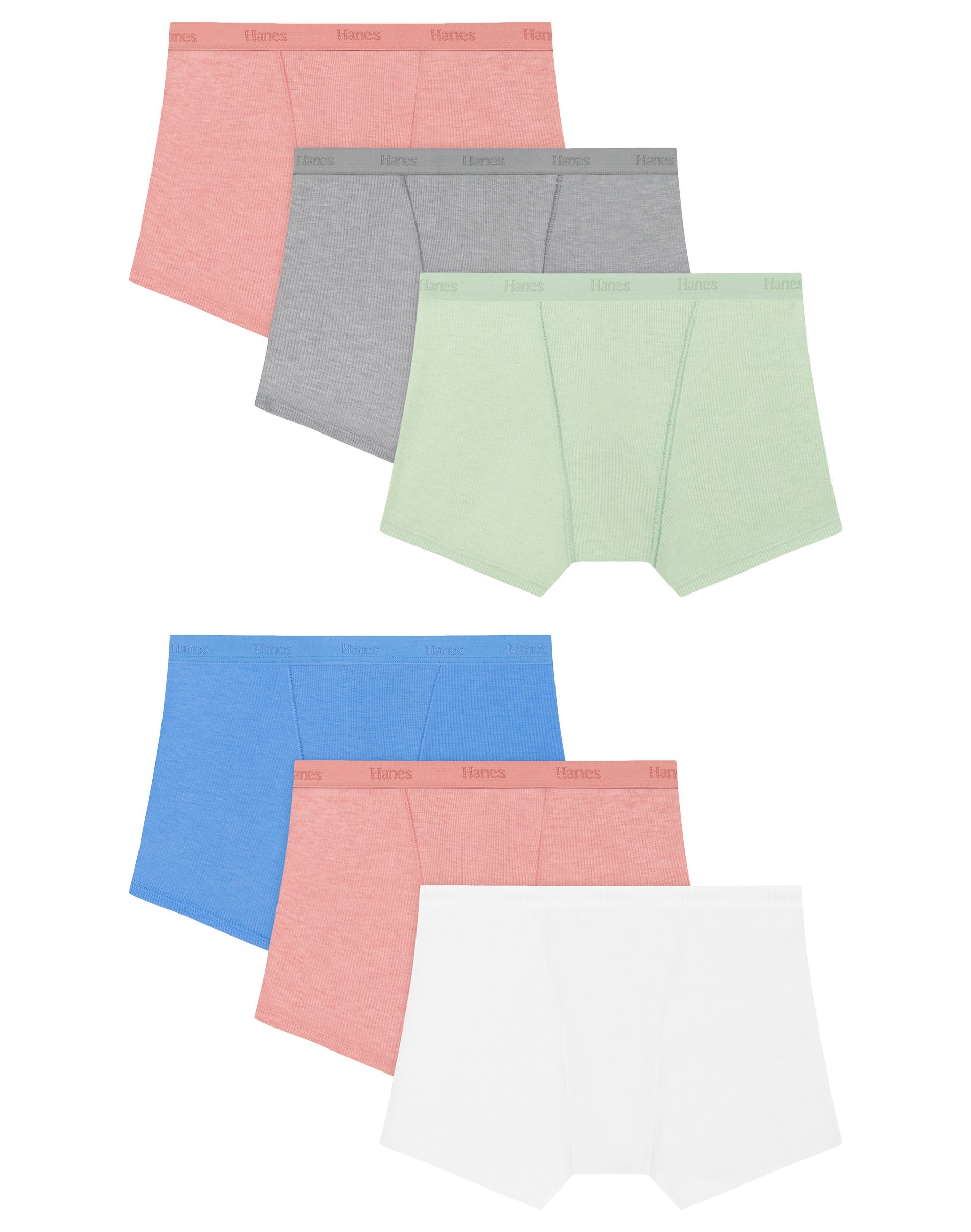 Hanes Originals SuperSoft Girls' Underwear Boxer Brief Pack, 6-Pack, Moisture Wicking Green/Blue/Pink/Grey/White