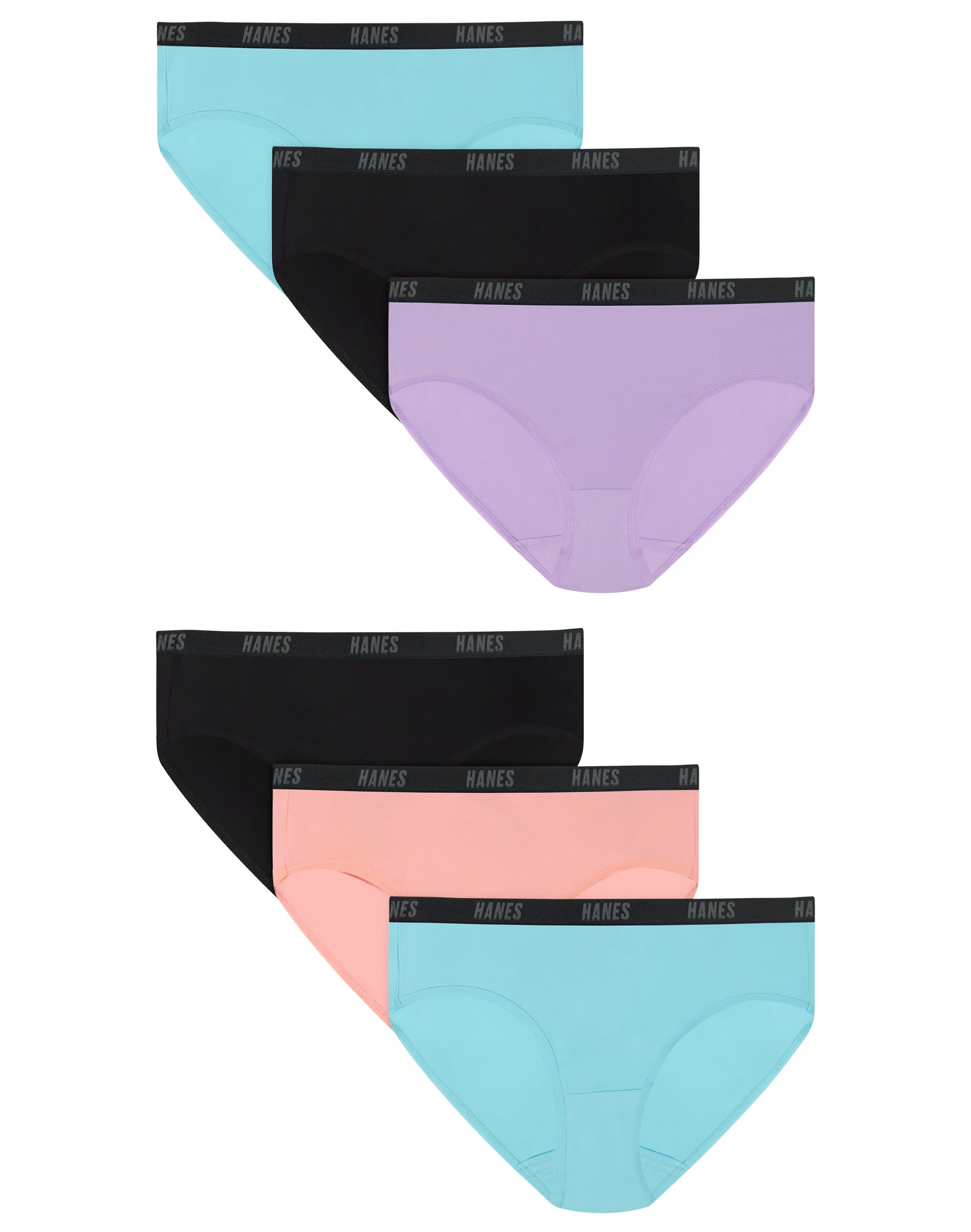 Hanes Moves Girls' Underwear Hipsters Pack, 6-Pack, Lightweight Purple Shell/Black/Ultraviolet Blue/Pretty Coral