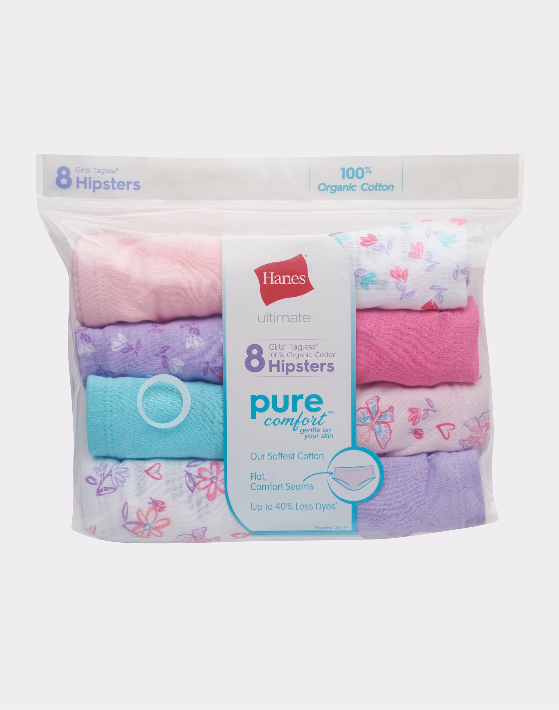 Hanes Hipster 8-Pack Underwear Ultimate Girl Pure Comfort Organic Cotton sz 6-14