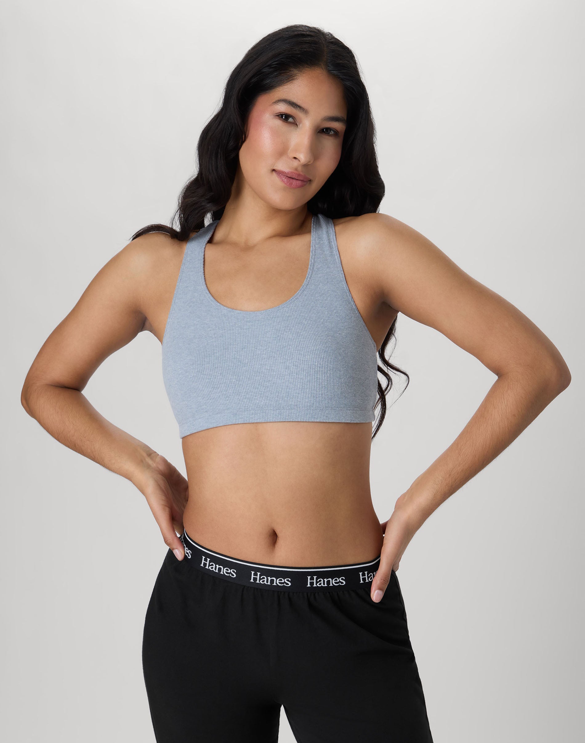 Hanes Women's Cotton Racerback Sports Bralette, Low Impact, 3-Pack Black/Concrete Pe Heather/White Rib M
