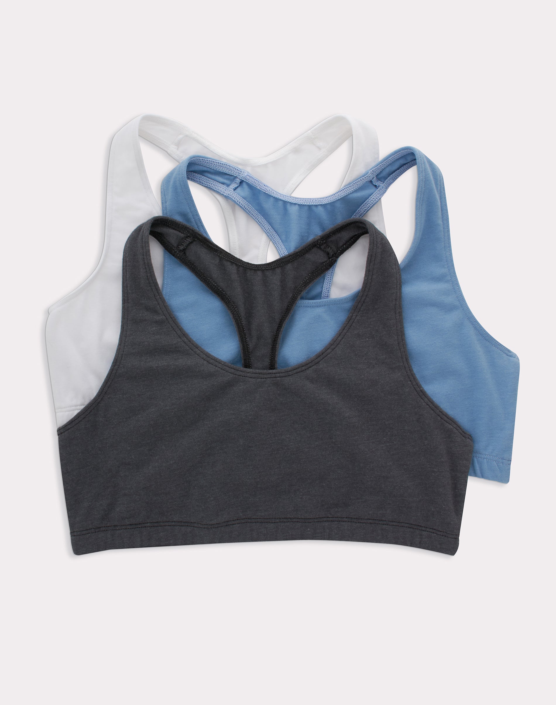 Hanes Women's Cotton Racerback Sports Bralette, Low Impact, 3-Pack White/Denim Jacket Blue Heather/Black 2XL