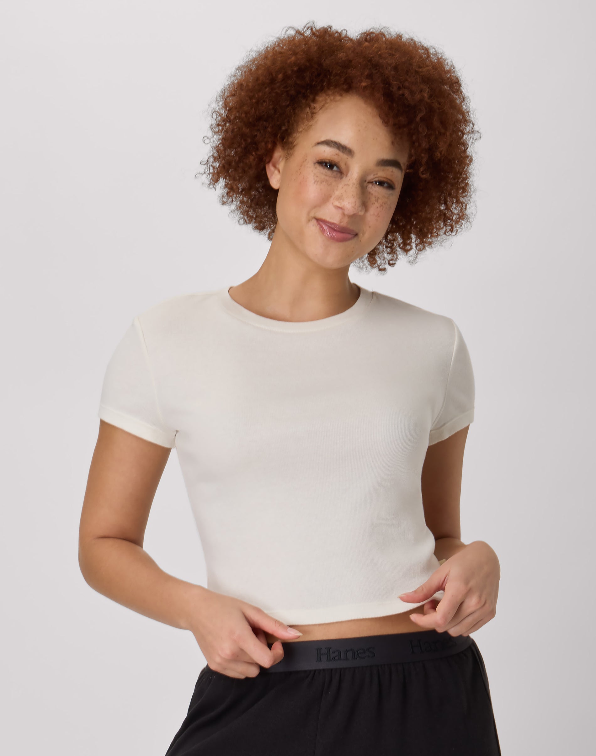 Hanes Originals Women's Supersoft Comfywear Rib Baby Doll Tee Pearl S