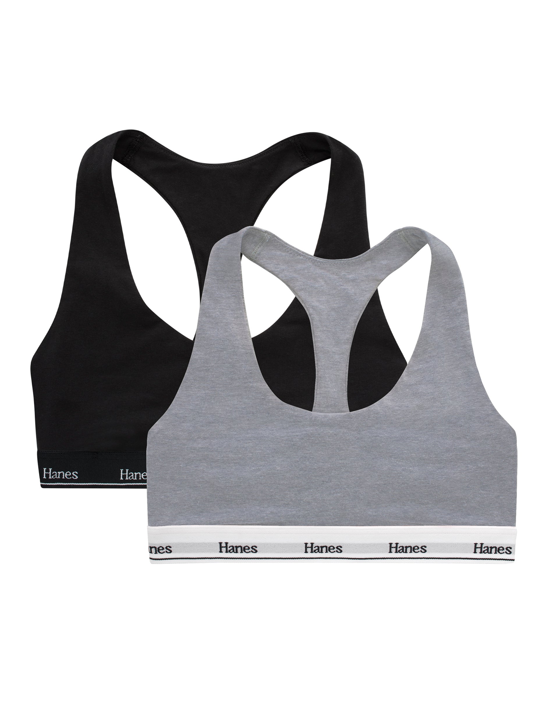 Hanes Originals Racerback Bralette, Breathable Stretch Cotton, 2-Pack Black/Concrete Heather XS Women's