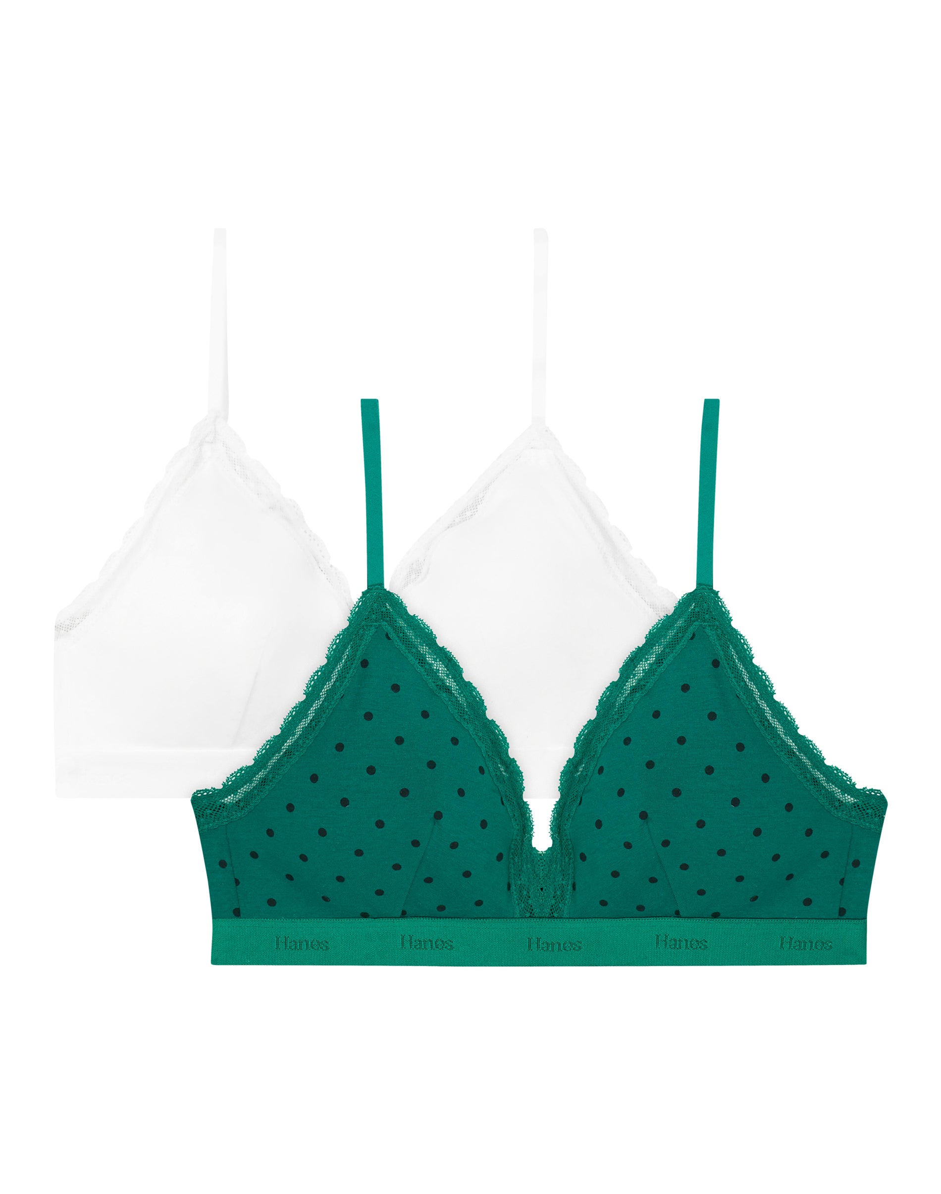 Hanes Originals Women's Stretch Cotton Triangle Bralette, Holiday 2-Pack Green Dot Lace/White Lace 2XL