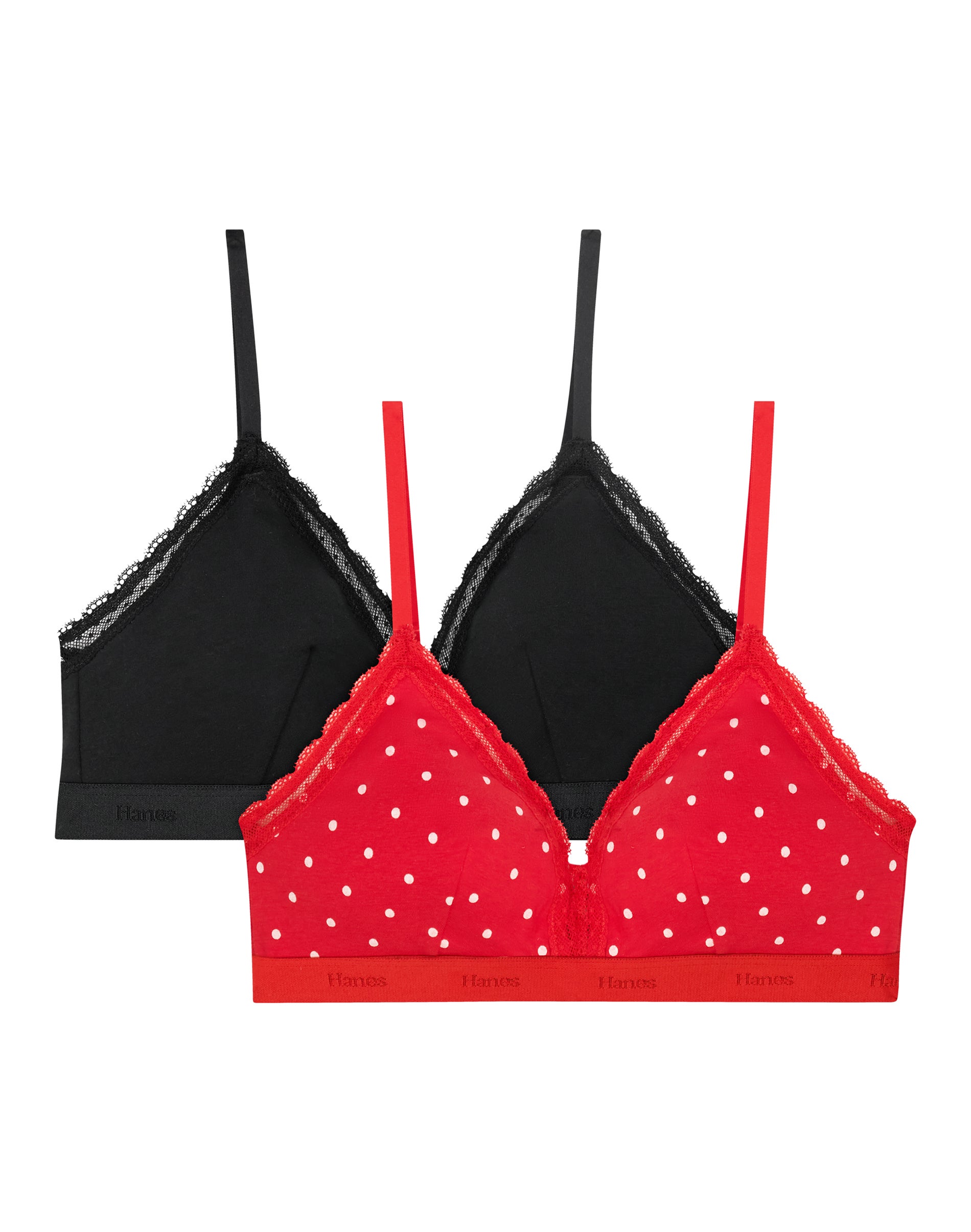 Hanes Originals Women's Stretch Cotton Triangle Bralette, Holiday 2-Pack Red Dot Lace/Black Lace 2XL