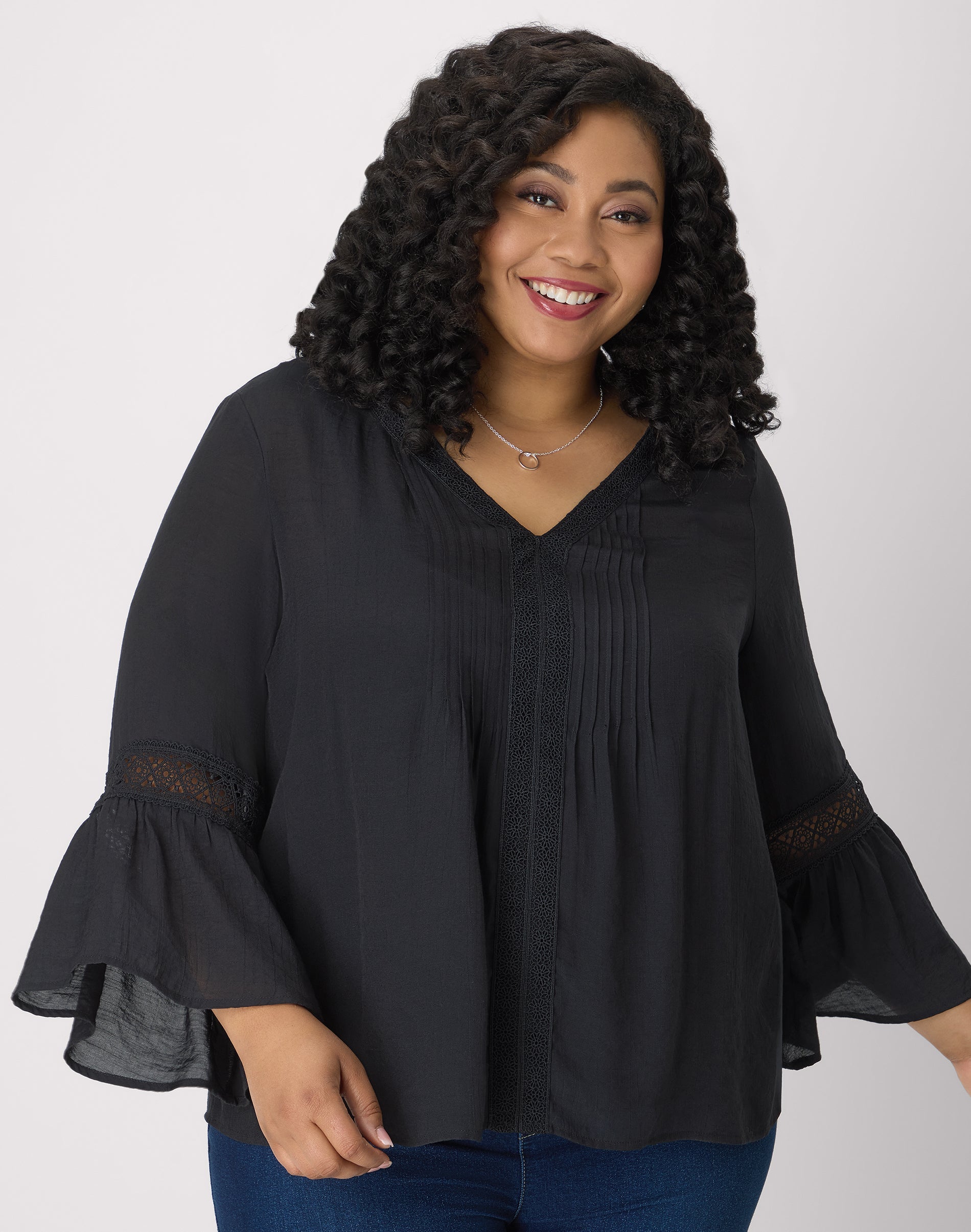 Hanes Just My Size Sydney Peasant Top - Long-Sleeve T-Shirt with Lace - 28" Length Jet Black 2X Women's