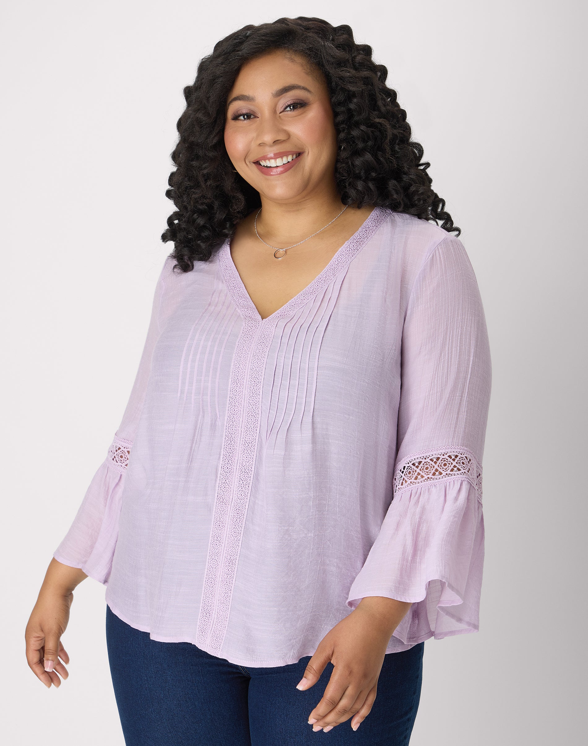 Hanes Just My Size Sydney Peasant Top - Long-Sleeve T-Shirt with Lace - 28" Length Fair Orchid 2X Women's