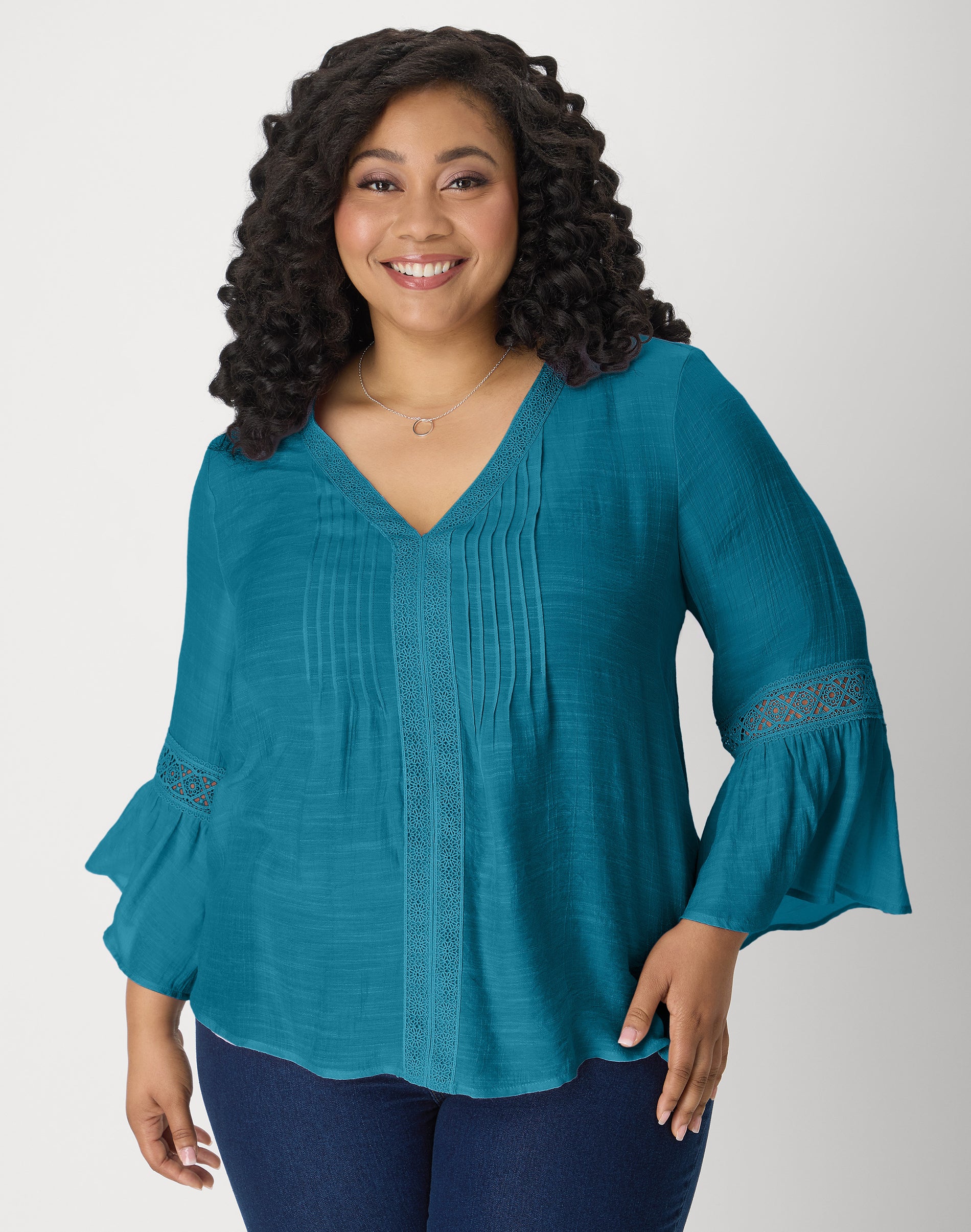 Hanes Just My Size Sydney Women's Peasant Top - Long-Sleeve Blouse with Lace - 28" Length - Plus Mosaic Blue 5X