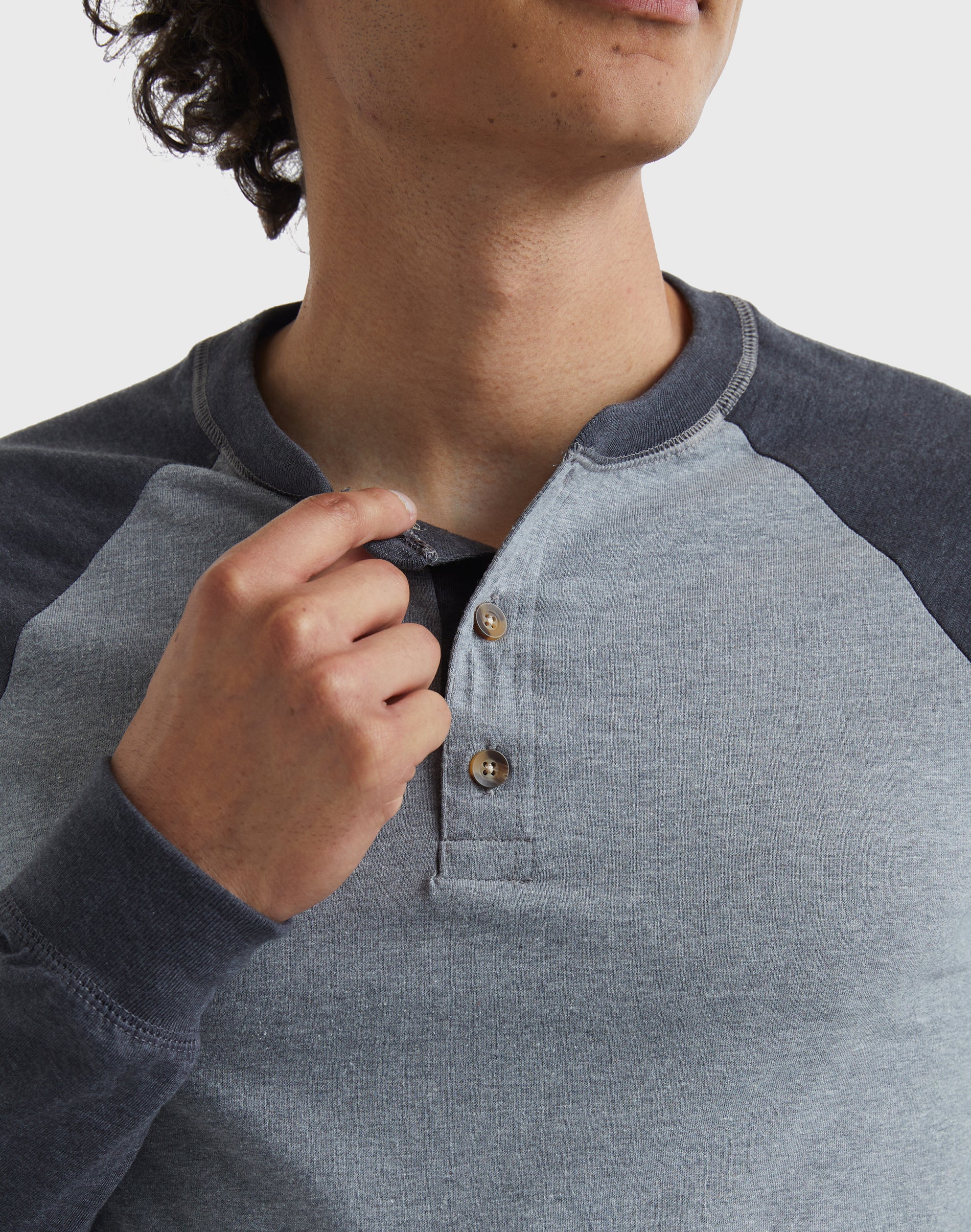 Hanes Mens Long Sleeve Beefy Henley Shirt Oxford Gray/navy Heather 3x