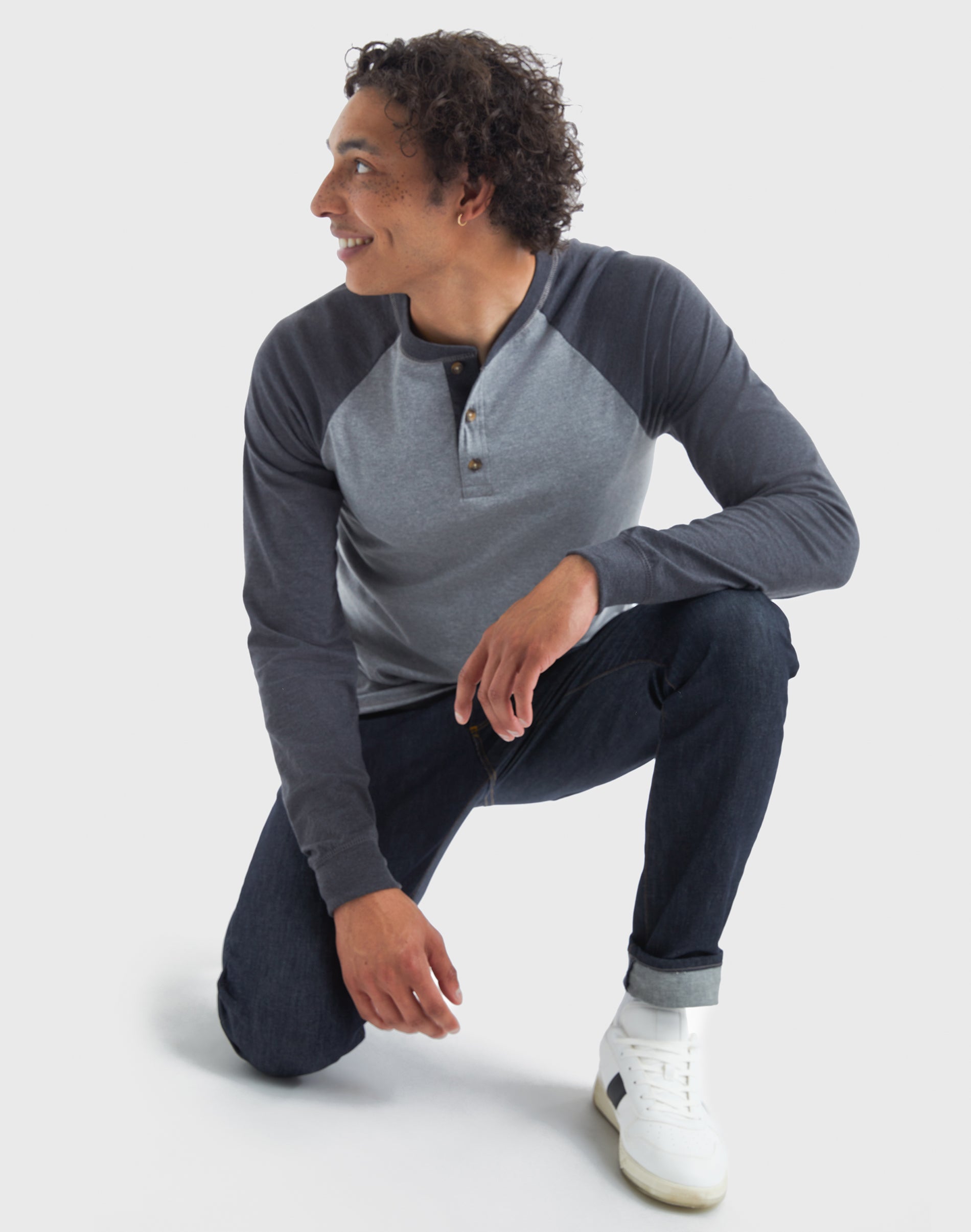 Hanes Mens Long Sleeve Beefy Henley Shirt Oxford Gray/navy Heather 3x