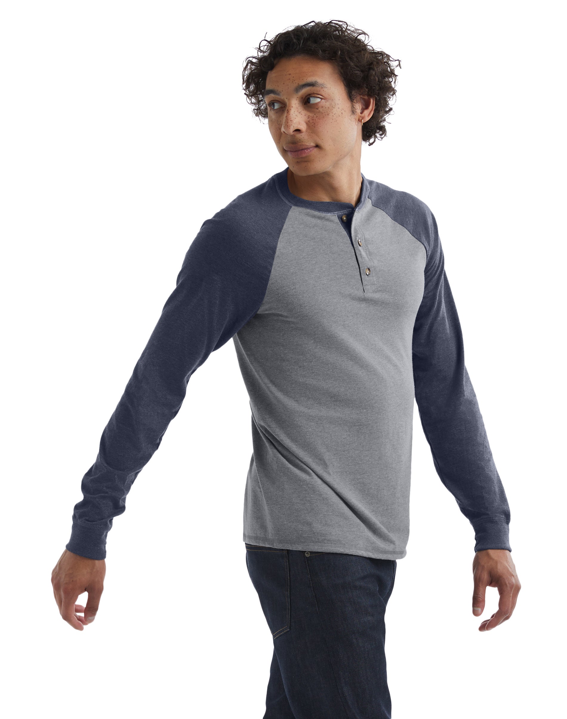 Hanes Mens Long Sleeve Beefy Henley Shirt Oxford Gray/navy Heather 3x
