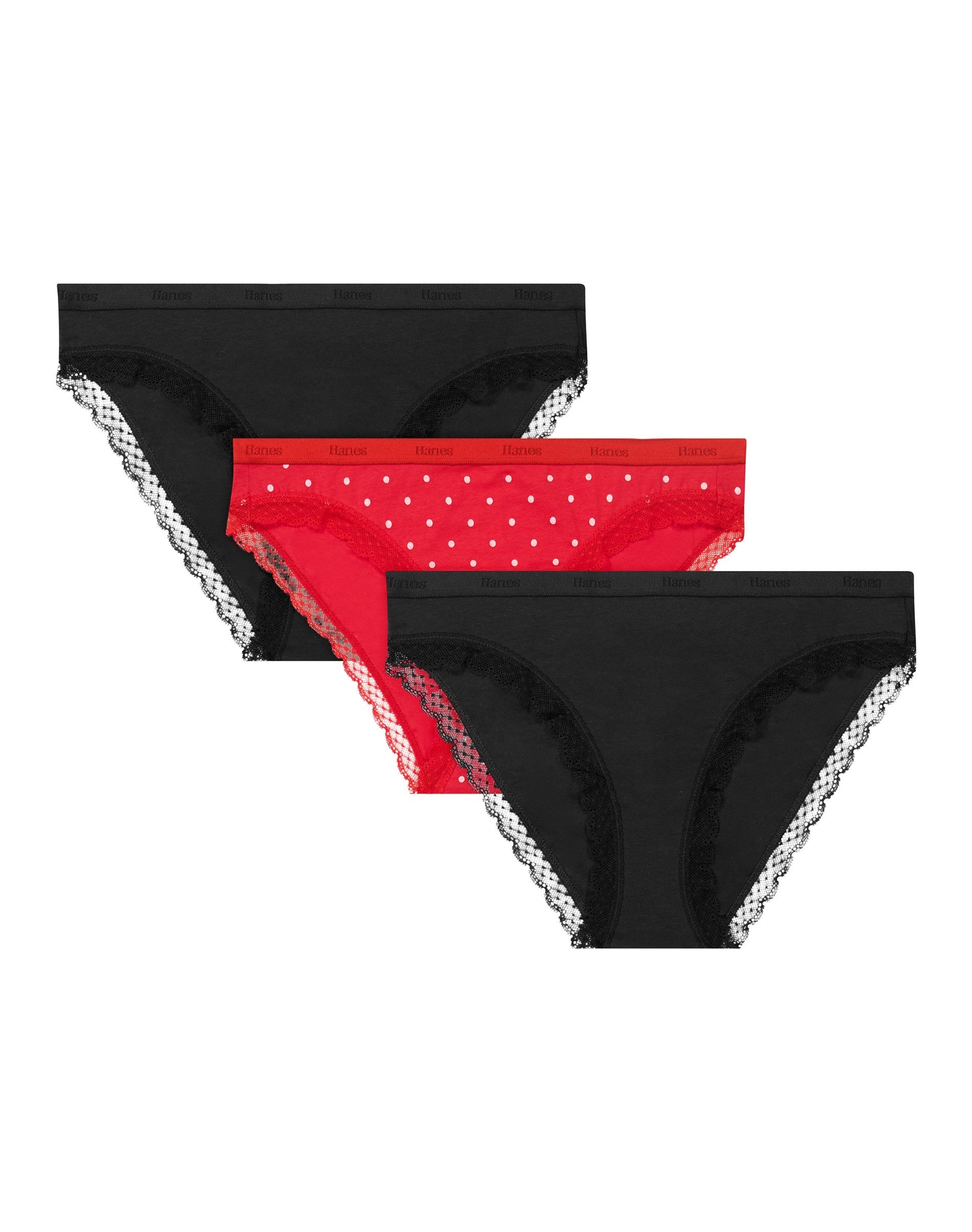 Hanes Originals Women's Underwear Bikini Pack - 3-Pack - Cotton-Stretch - Moisture-Wicking Black/Red Dot/Black XL