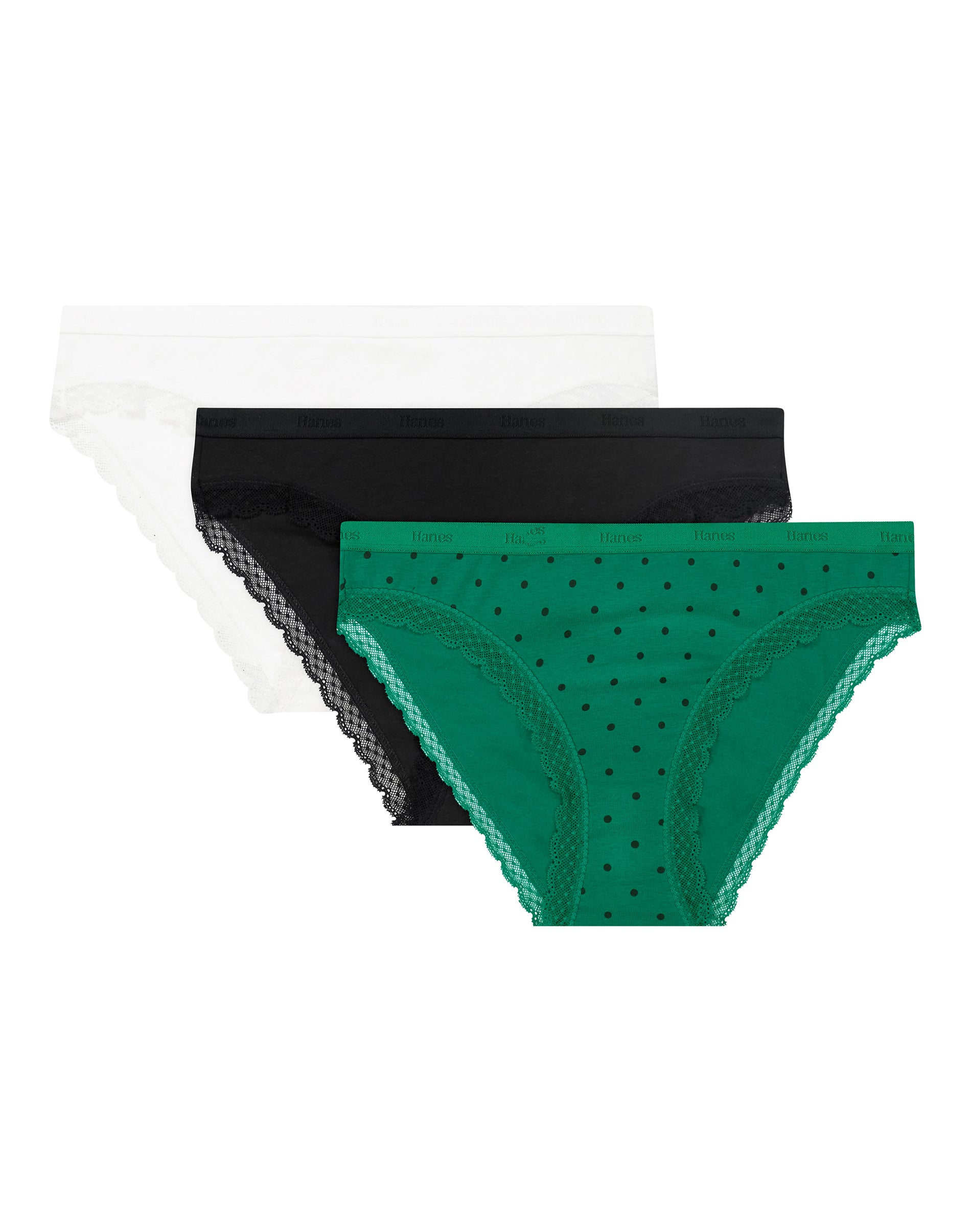 Hanes Originals Women's Underwear Bikini Pack - 3-Pack - Cotton-Stretch - Moisture-Wicking White/Black/Green Dot L