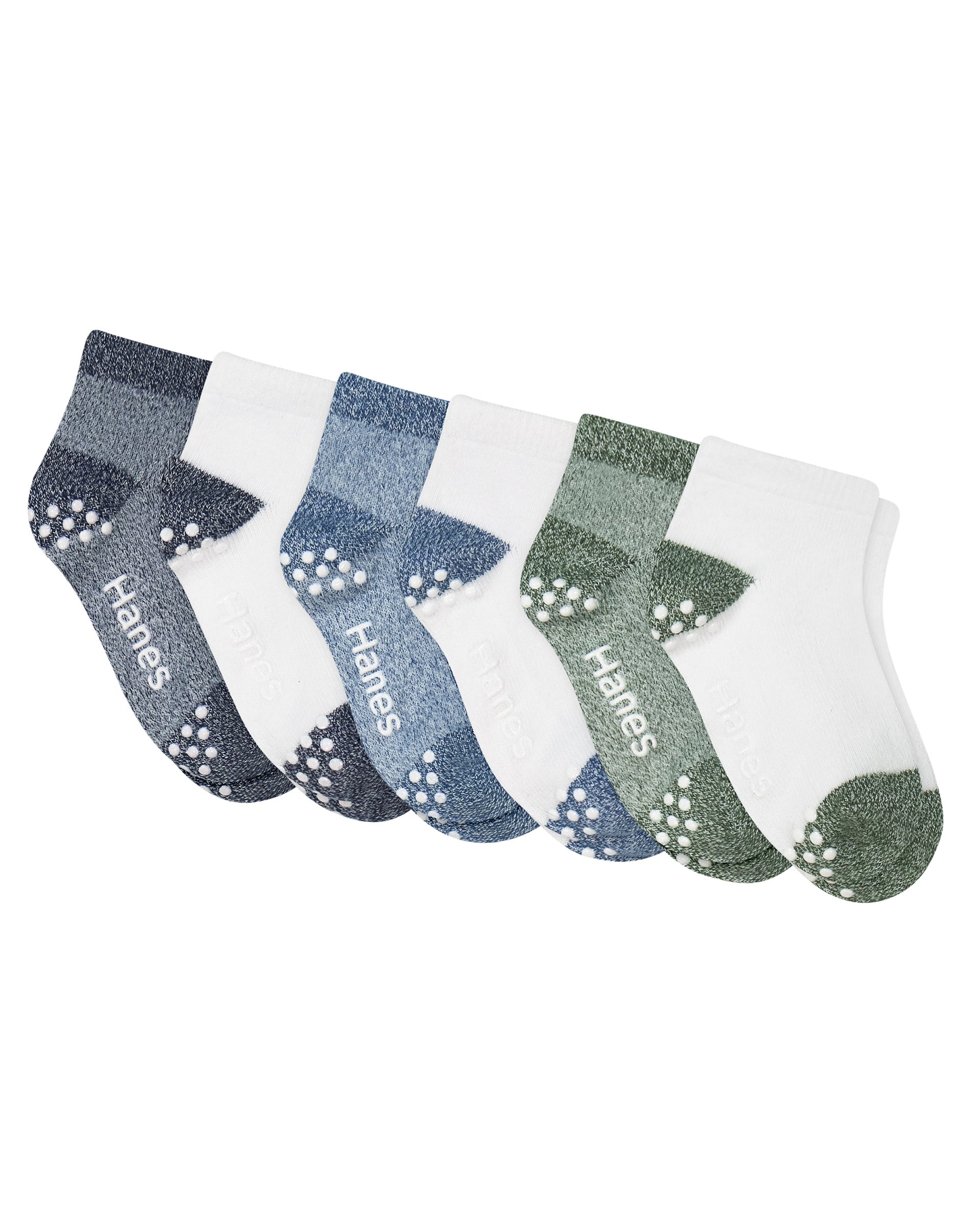 Hanes Premium Pure Comfort Infant & Toddler Boys' Ankle Socks Pack, 6-Pack, ComfortSoft, Gripper Foot Bottom Green/White