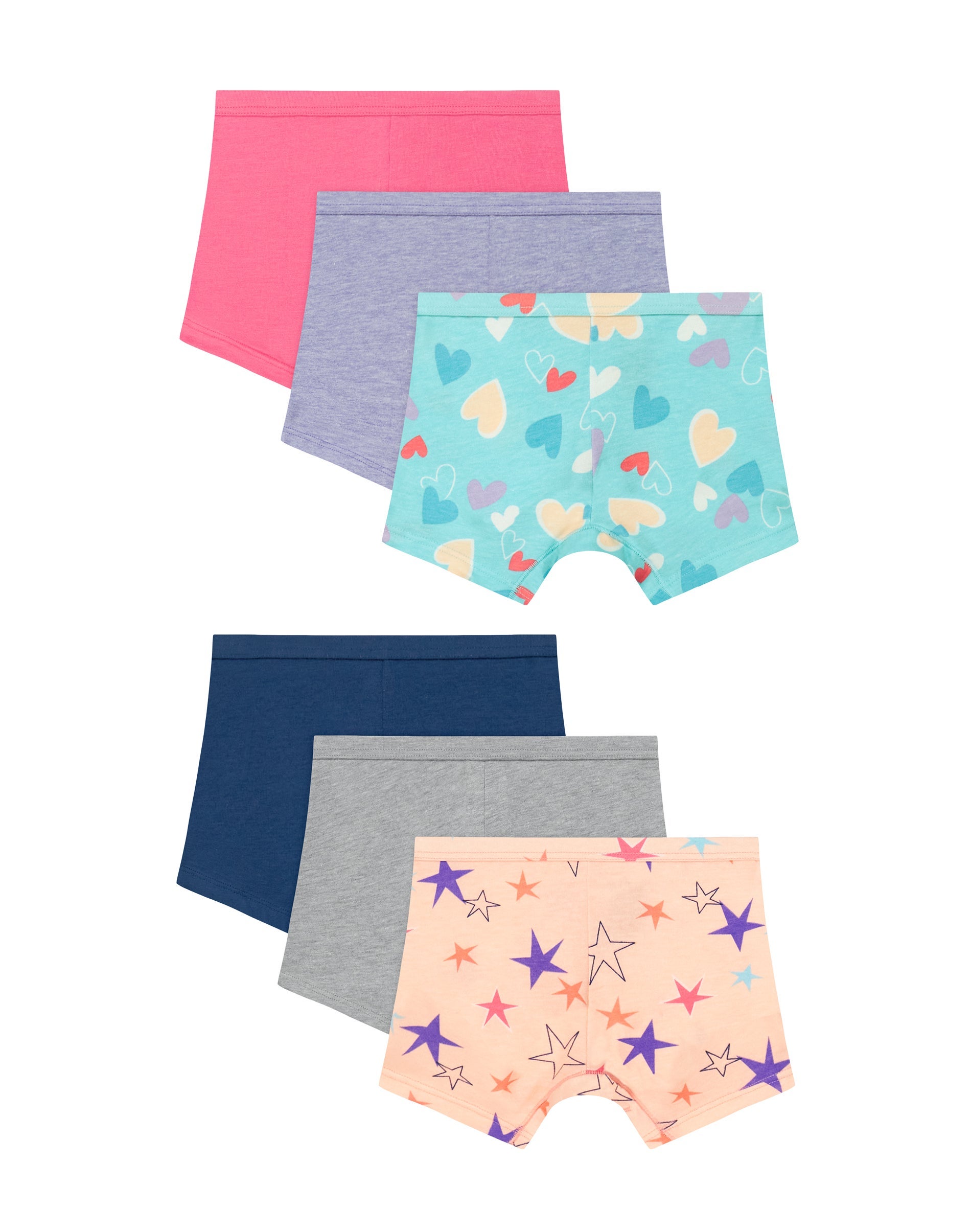 Hanes Toddler Girls' Shorts Pack, 6-Pack Cotton Stretch Blue/Grey/Stars On Pink/Pureple/Hearts Blue/Pink