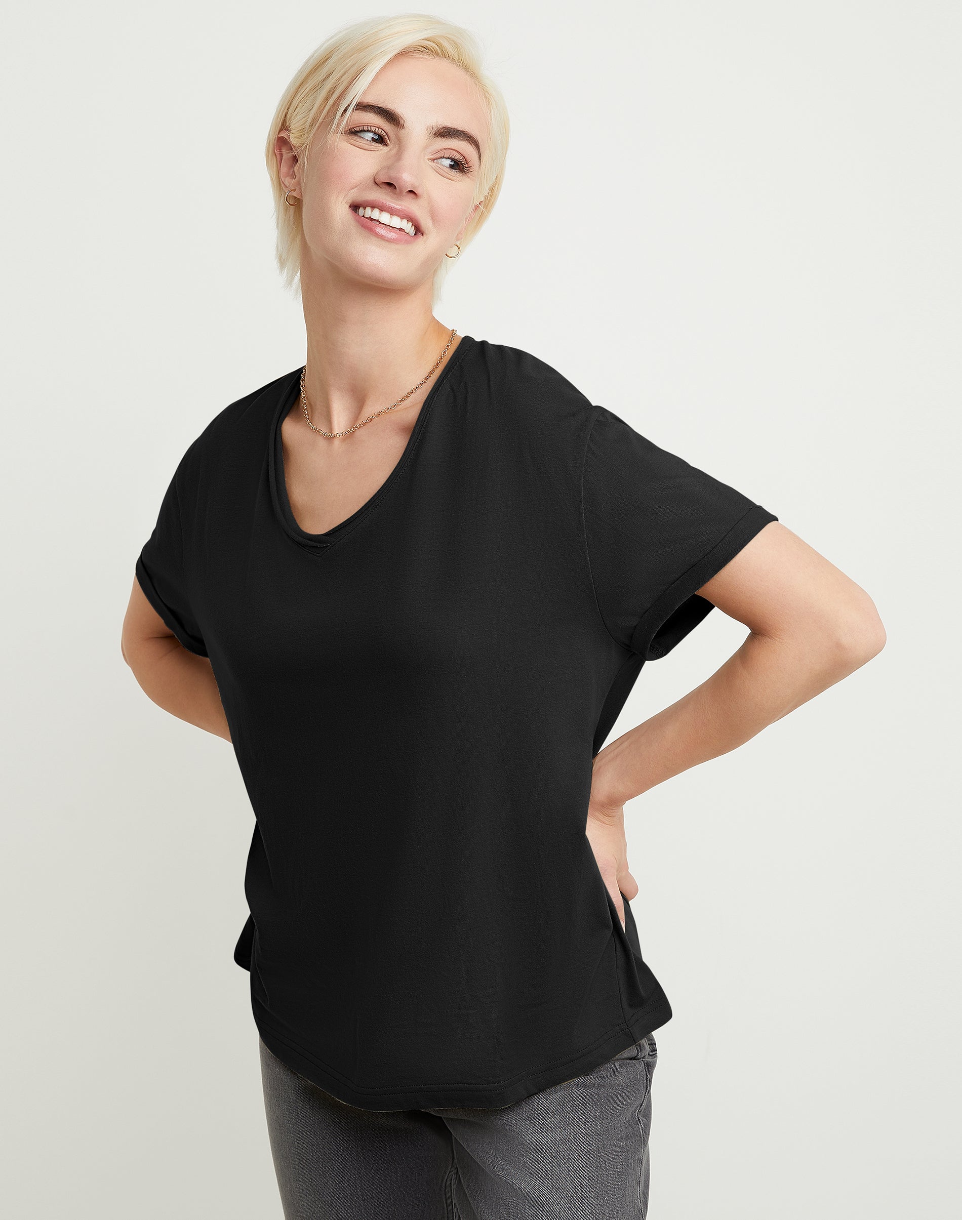 Hanes Originals Women's Cotton T-Shirt, Raw Edge V-Neck Black XL