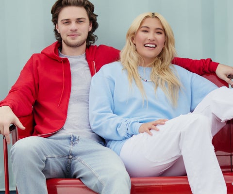 Man and woman wearing Hanes Clothes
